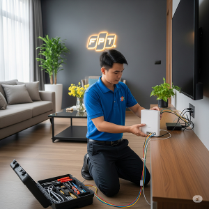 Kỹ thuật viên FPT đang lắp đặt modem wifi hiện đại tại nhà cho khách hàng