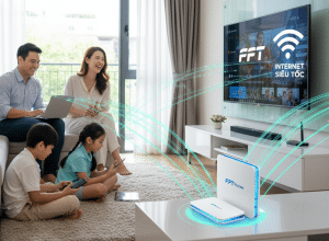 Gia đình sử dụng Internet FPT tốc độ cao cho hộ gia đình với modem WiFi FPT hiện đại