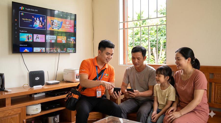 Một bức ảnh chụp trong phòng khách của một ngôi nhà tại xã Mộ Đức, Quảng Ngãi, nơi một kỹ thuật viên FPT mặc đồng phục áo cam đang ngồi cạnh gia đình gồm ba người (bố, mẹ và con gái nhỏ) để hướng dẫn họ cách sử dụng mạng internet và dịch vụ truyền hình trên điện thoại di động. Trên tường là chiếc TV lớn hiển thị giao diện Truyền hình FPT đầy màu sắc, phía dưới kệ gỗ là modem Wi-Fi FPT và các thiết bị liên quan. Cả gia đình và kỹ thuật viên đều có gương mặt vui vẻ, cởi mở trong không gian gia đình ấm cúng, tự nhiên.