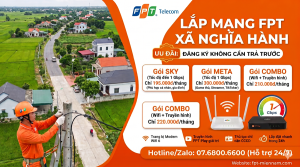 Banner quảng cáo dịch vụ lắp mạng cáp quang FPT xã Nghĩa Hành, tỉnh Quảng Ngãi với tông màu cam đặc trưng của thương hiệu FPT Telecom. Trên ảnh nổi bật dòng chữ "LẮP MẠNG FPT XÃ NGHĨA HÀNH" kèm nhãn ưu đãi "ĐĂNG KÝ KHÔNG CẦN TRẢ TRƯỚC". Phần bảng cước hiển thị chi tiết các gói: gói SKY (1 Gbps/300 Mbps) giá 195.000đ/tháng, gói META (1 Gbps đối xứng) giá 300.000đ/tháng và gói COMBO Wifi kèm Truyền hình giá 220.000đ/tháng. Bên trái là hình ảnh phong cảnh nông thôn mới xã Nghĩa Hành chụp từ trên cao cùng kỹ thuật viên FPT mặc đồng phục cam đang thi công kéo cáp viễn thông. Bên phải là hình ảnh thiết bị Modem Wifi 6 hiện đại, đầu thu truyền hình FPT Play, các biểu tượng tốc độ 1 Gbps, thủ tục CCCD nhanh chóng và số Hotline/Zalo tư vấn 07.6800.6600
